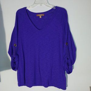 Ellen Tracey Purple 3/4 Rollover sleeve V-Neck Top 1X Plus Sized